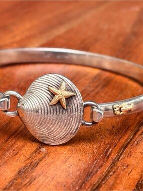 Silver and Gold Starfish Accent Bangle Bracelet - Women Jewelry
